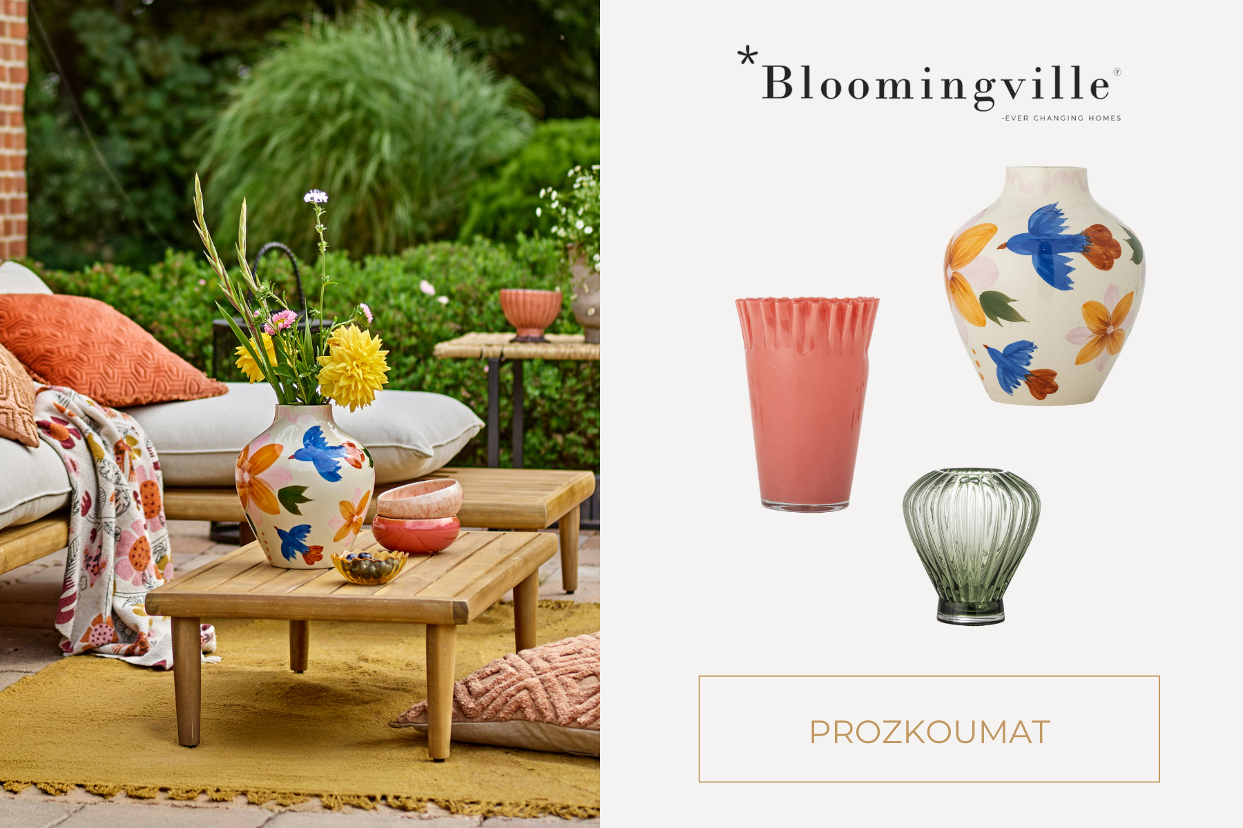 Kameninová váza Bloomingville s lučním kvítím na zahradním stole pro stylové venkovní stolování.