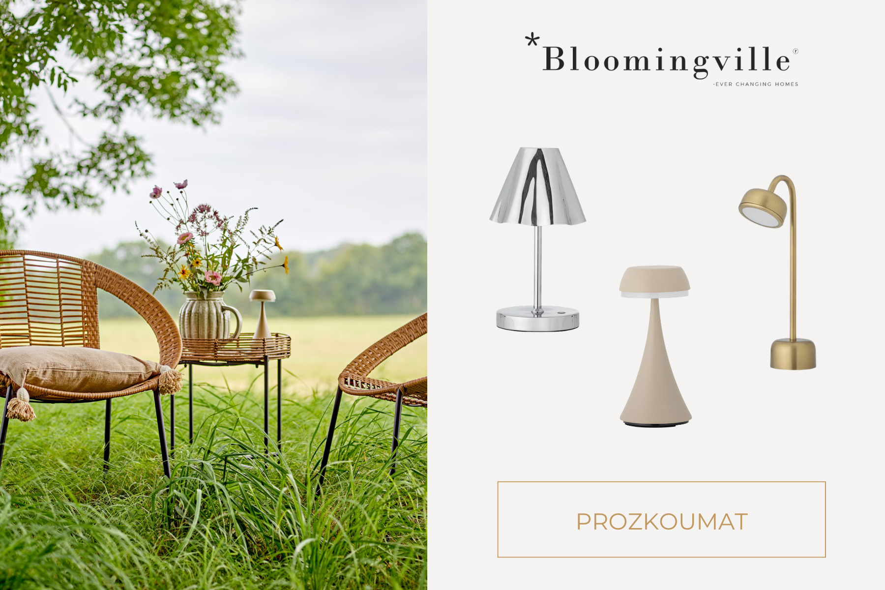 Svítící bezdrátová přenosná LED lampička Bloomingville na večerním stole vytvářející útulnou hygge atmosféru.