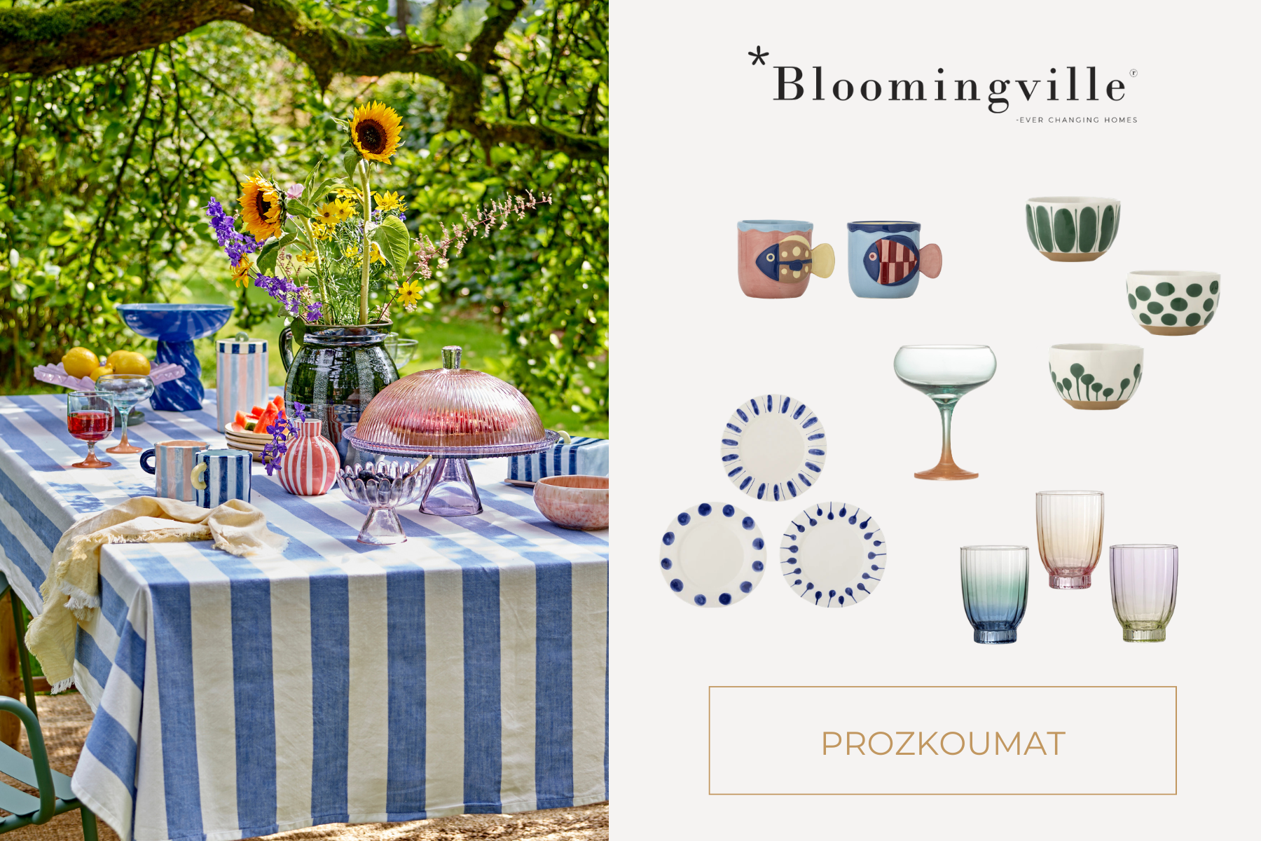Kombinace barevného kameninového nádobí a talířků Bloomingville pro pestré a ležérní letní stolování.